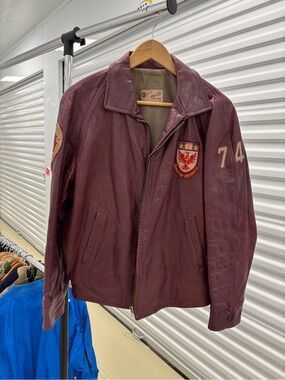 Capelli of New York Burgundy Leather Bomber Jacket with Crest Patch